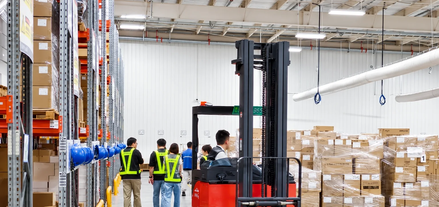 Warehouse team, a red forklift and palletised cargo